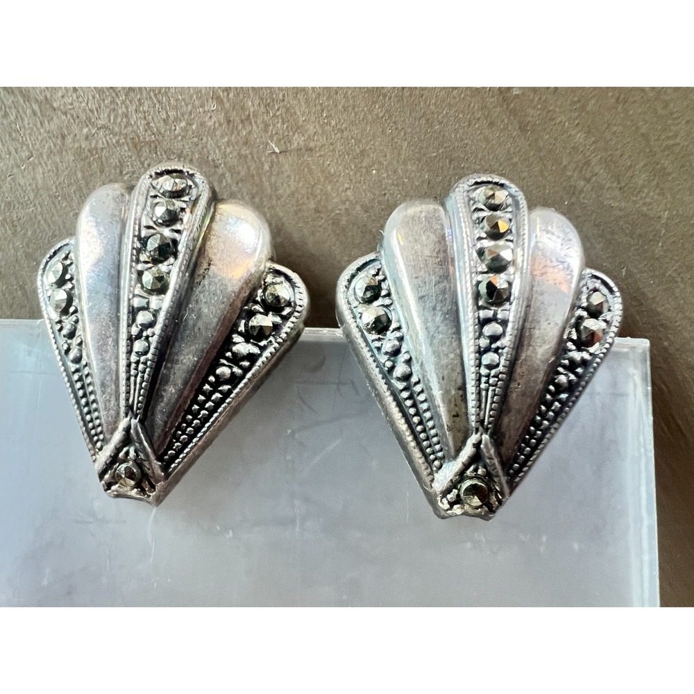 Vintage Silver Marcasite Fan‎ Earrings Clip-On Art Deco Style